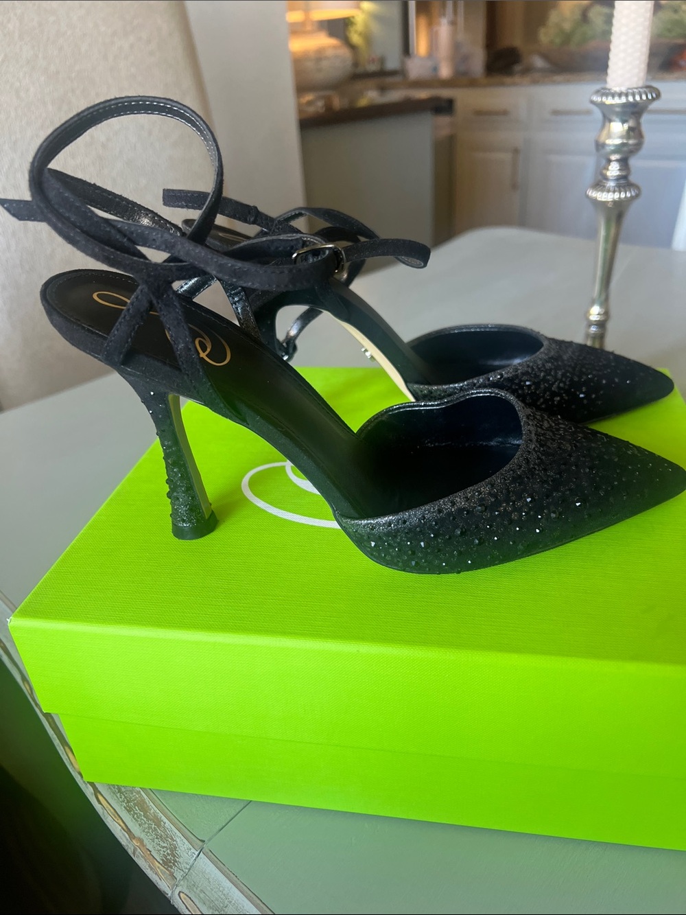 Sam Edelman Black Glitter Pointed Slingback Heels with Ankle Wrap
